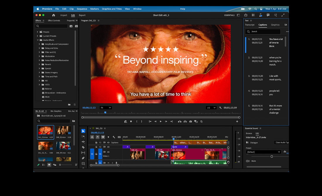 MacBook Pro screen showing the editing of a film titled Eternal Play in Adobe Premiere