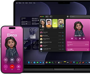 جهاز MacBook Pro وجهاز iPhone، تطبيق الهاتف مفتوح، جهة الاتصال نفسها معروضة على الشاشتين