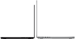 14-inch MacBook Pro in space black next to 16-inch MacBook Pro in silver