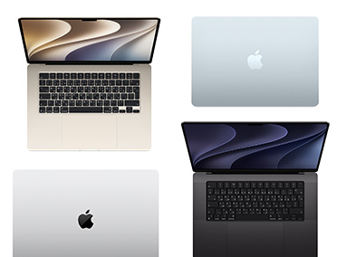 أربعة أجهزة Mac بموديلات وأحجام وألوان مختلفة، تعرض مدى التخصيص الممكن