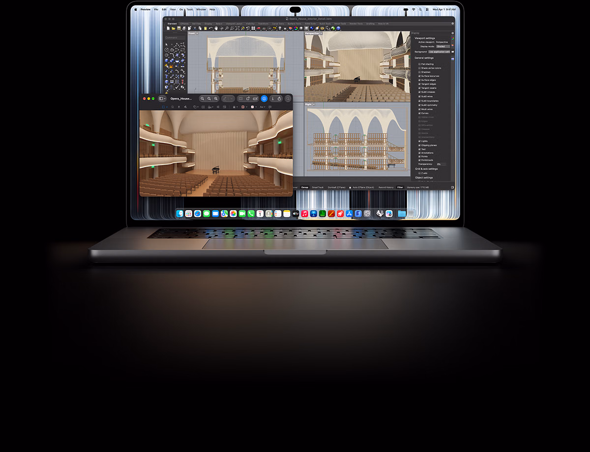 جهاز MacBook Pro مقاس 16 إنش مع شاشة PROLED XDR، لون فضي، الشاشة تعرض عنصراً يتم تصميم نموذجه في Rhino‏