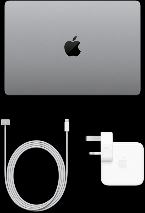 MacBook Pro with PROLED XDR Display, silver color, top, closed, USB-C charging cable and power adapter