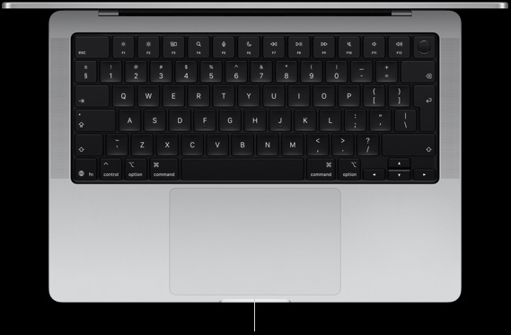 Top-down view of open MacBook Pro 14-inch showing Force Touch trackpad located below keyboard