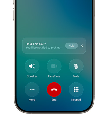 iPhone, bottom half of screen shows an active call with new Hold Assist option and a Hold button notification