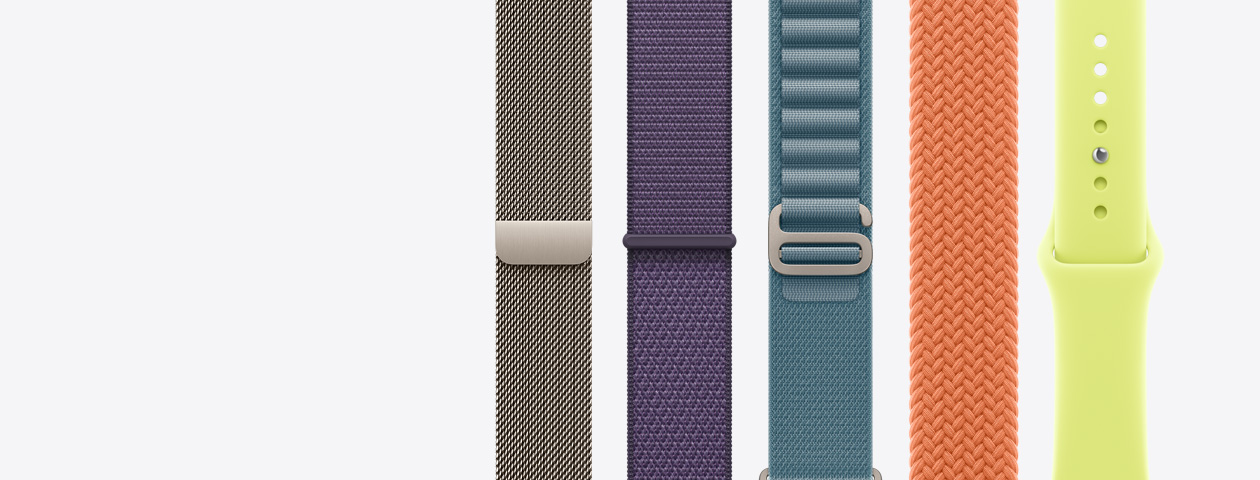 أحزمة Apple Watch: حزام رياضي، لون أصفر نيون، حزام Loop أحادي مجدول، لون كركمي، حزام Loop ألباين، لون أزرق فاتح، حزام Loop رياضي، لون ليلكي ضبابي، حزام Loop ميلانيز، لون طبيعي