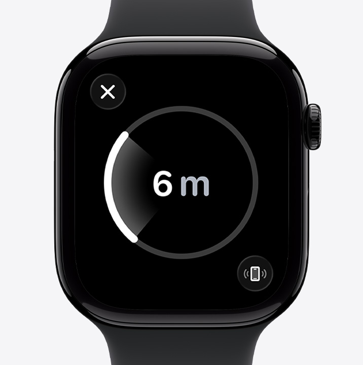 Apple Watch Series 11, aluminum case, polished Jet Black color, Precision Finding screen, estimated distance to lost phone