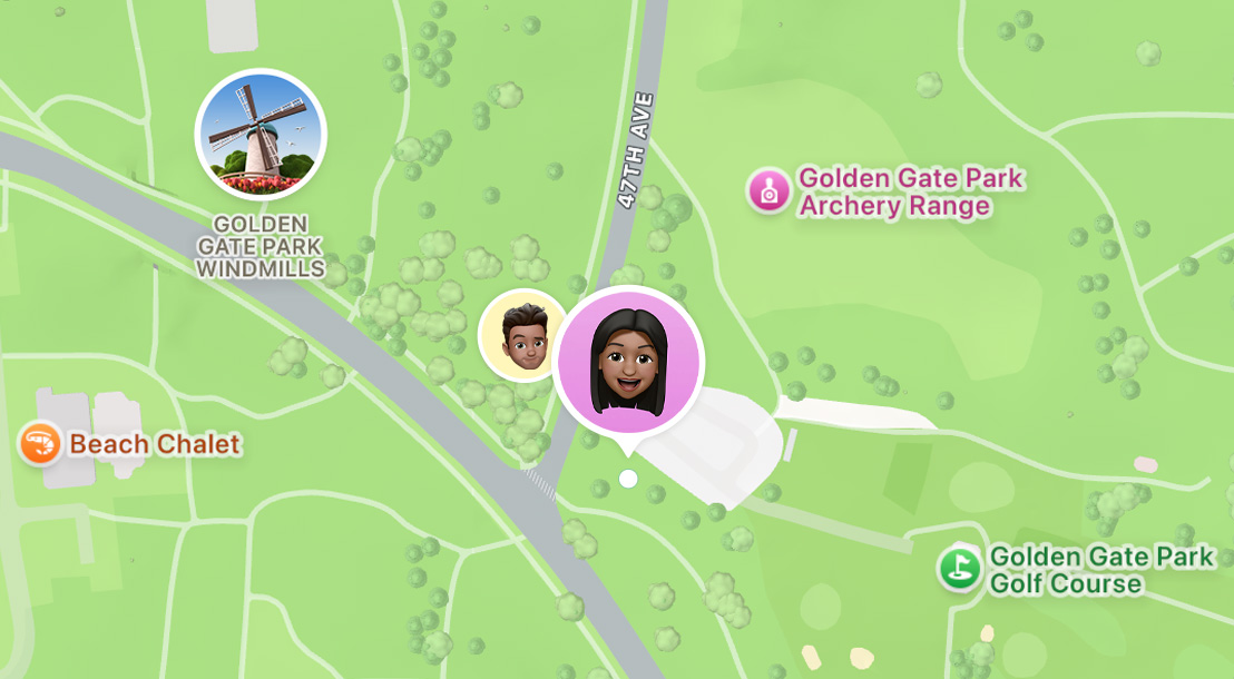 Map showing friends’ current locations in the Find My app