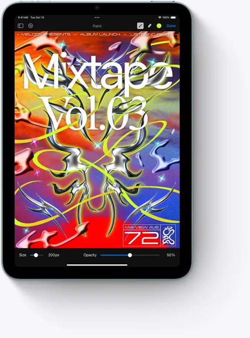 直向的 iPad mini 展示彩色的 Pixelmator 螢幕。