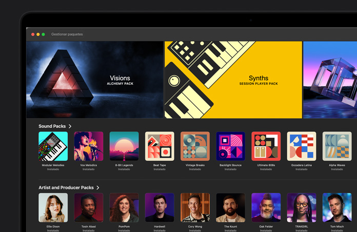 Pantalla de una MacBook Pro de 16 pulgadas, Biblioteca de Sonidos de Logic Pro, paquete Visions de Alchemy, paquete de sintetizadores de Session Player, fila de paquetes de sonidos, fila de paquetes de artistas y productores.