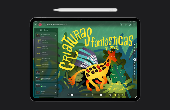 Apple Pencil, pantalla de un iPad Pro de 13 pulgadas, Pixelmator Pro, ilustración de la portada del episodio de un podcast, kit de herramientas de capas