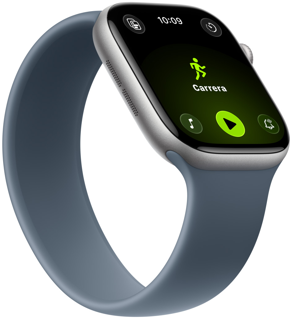 Apple Watch Series 11, caja de aluminio, color gris espacial, entrenamiento Carrera al Aire Libre, controles de Apple Music en la parte inferior de la pantalla, correa uniloop, color azul ancla