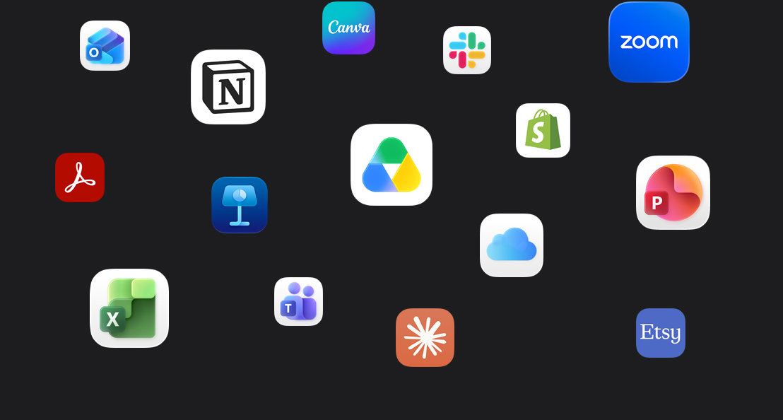 Íconos de apps dispersos en un fondo oscuro: Microsoft Teams, Microsoft Excel, Canva, Shopify, Microsoft PowerPoint, Claude, Zoom, Notion, Keynote, Slack, Salesforce, Quickbooks, Google Drive, Acrobat Reader y Microsoft Outlook