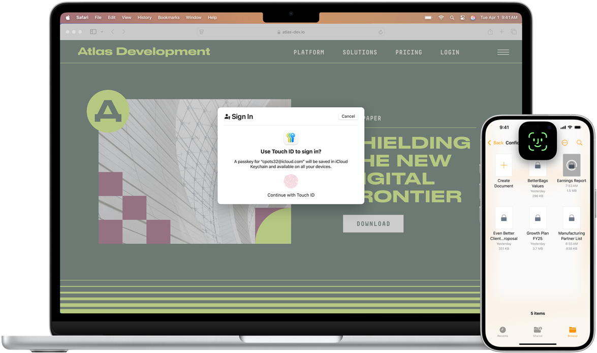 Vista frontal de una MacBook con la ventana de Touch ID. Frente a la MacBook hay un iPhone con la pantalla de Face ID.