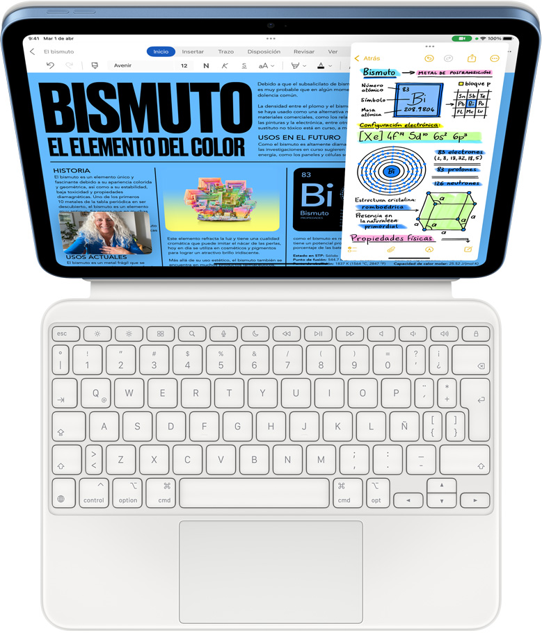 Un iPad conectado a un Magic Keyboard Folio, la pantalla muestra Slide Over con Microsoft Word y Notas, y una llamada de FaceTime.