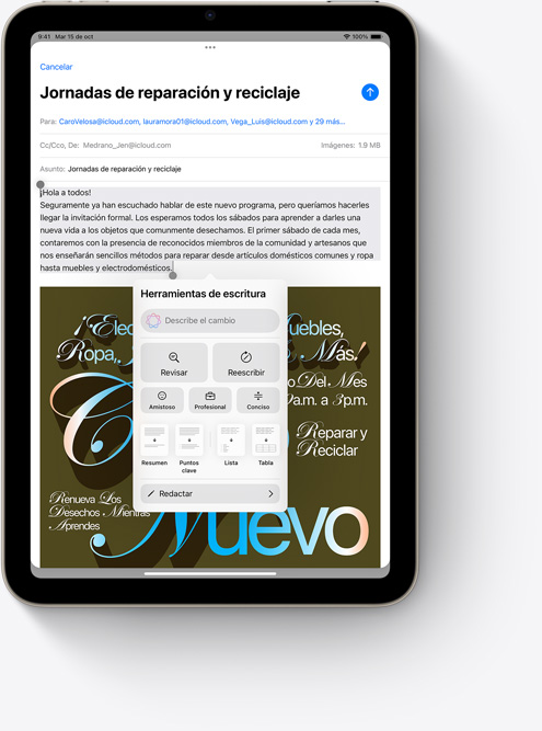 Un iPad mini muestra las Herramientas de Escritura en Mail, una nueva funcionalidad de Apple Intelligence.