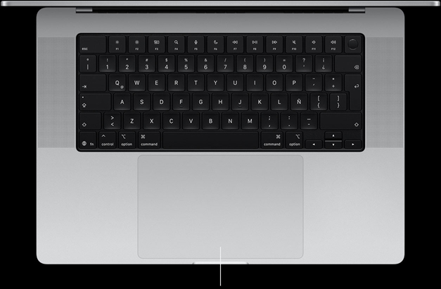 Vista desde arriba de una MacBook Pro de 16 pulgadas que muestra el trackpad Force Touch debajo del teclado