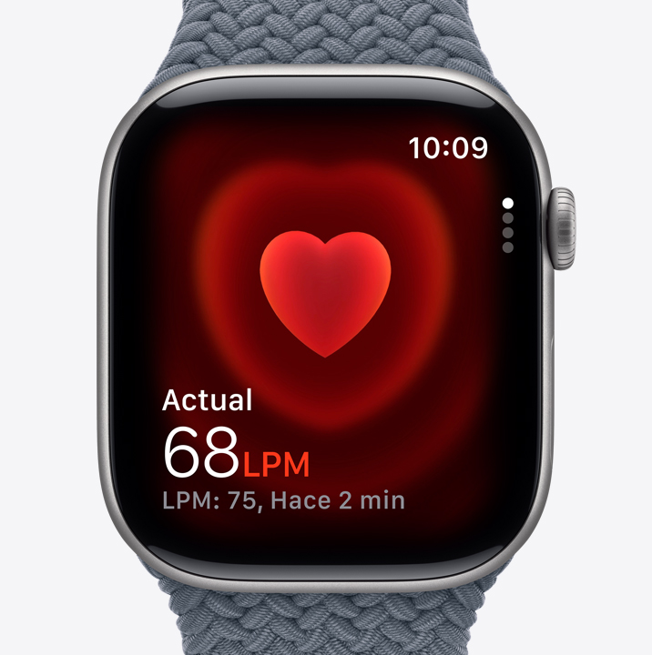 Apple Watch Series 11, caja de aluminio, color gris espacial, app Frecuencia Cardiaca, medición actual de latidos por minuto