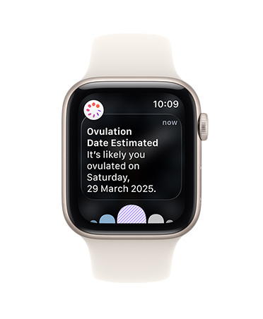 Apple Watch SE 3, aluminium case, starlight colour, ovulation date estimation notification from Cycle Tracking in Health app, Digital Crown, Sport Band, starlight colour