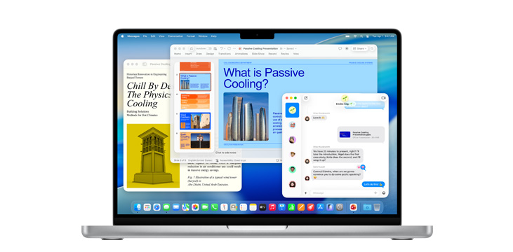 Demonstration of apps like Microsoft PowerPoint, Messages, and Pages on MacBook Pro 14
