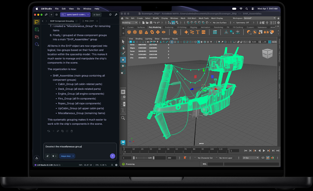 MacBook Pro, LM Studio, AI assistant lists steps for grouping ship components, prompt reads: Deselect the miscellaneous group, Autodesk Maya, green wireframe 3D model of spaceship