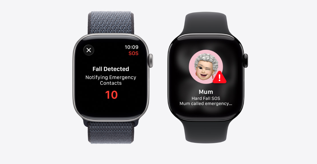 Apple Watch Series 11, Fall Detection notification, Emergency Call button, second notification reads: Mom took a hard fall and has called emergency services