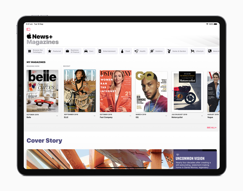 iPad showing Apple News+ screen.