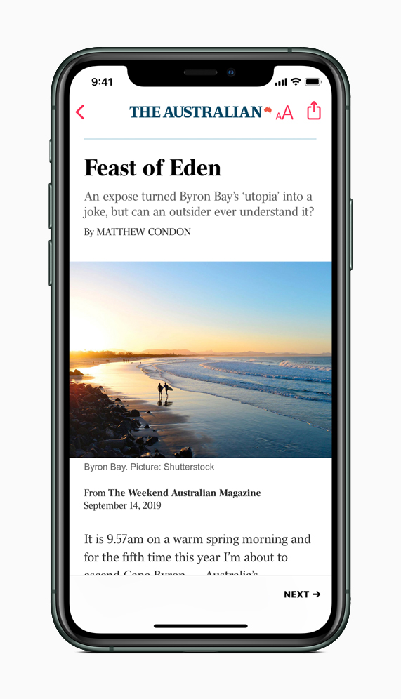 iPhone showing Apple News+ article screen.