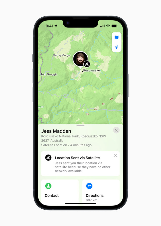 The Find My app on iPhone 14 Pro shows a user’s location being sent via satellite.