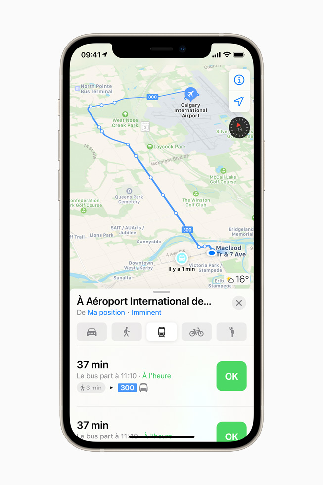 Trajet en bus en temps réel au départ de l’aéroport de Calgary dans Plans sur iPhone 12.