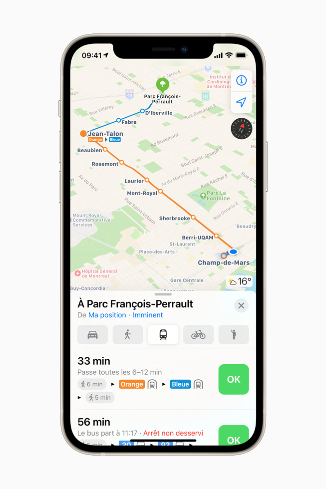 Trajet en train en temps réel dans Plans sur iPhone 12.