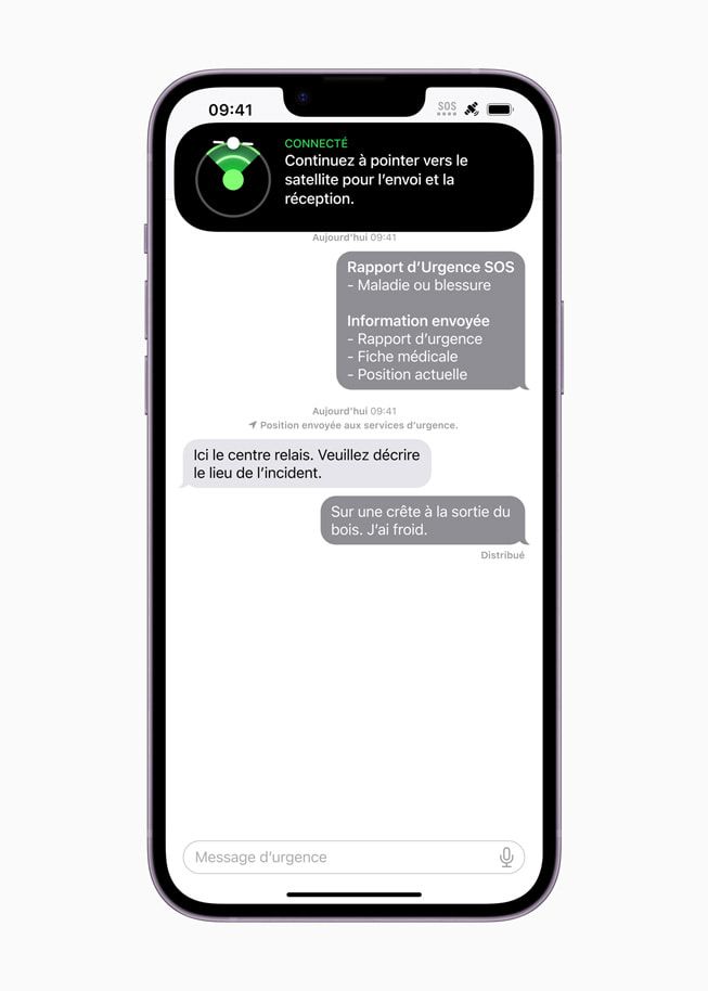 Les messages échangés avec un centre relais s’affichent dans Urgence SOS.