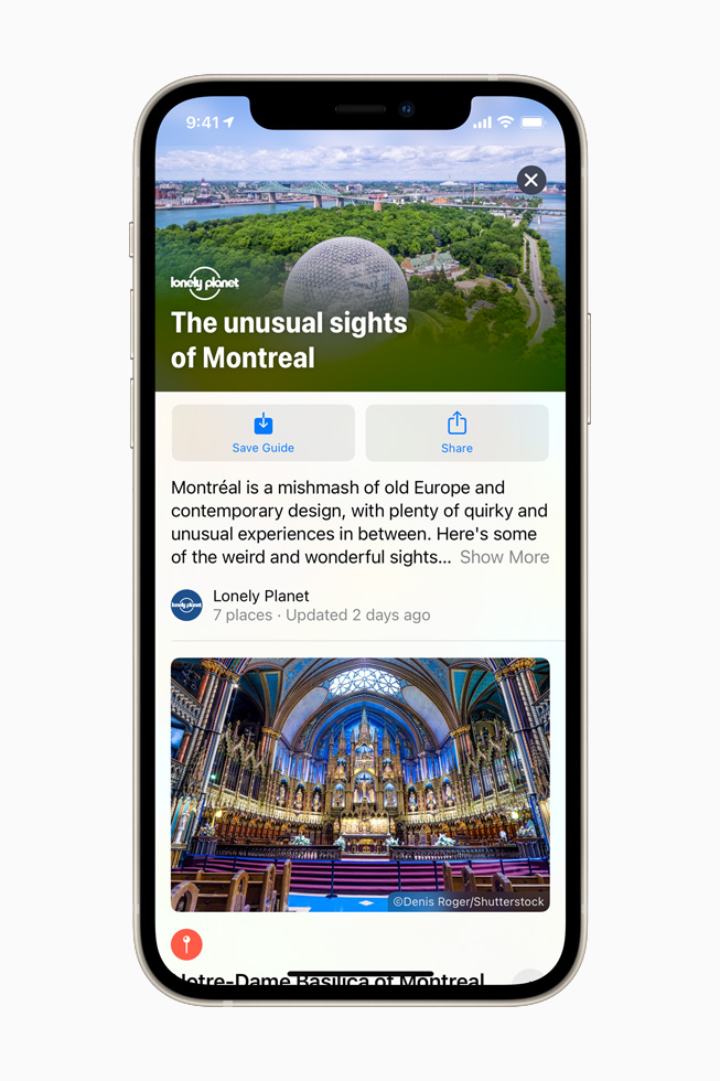 Lonely Planet Guide for Montreal in Apple Maps on iPhone 12.