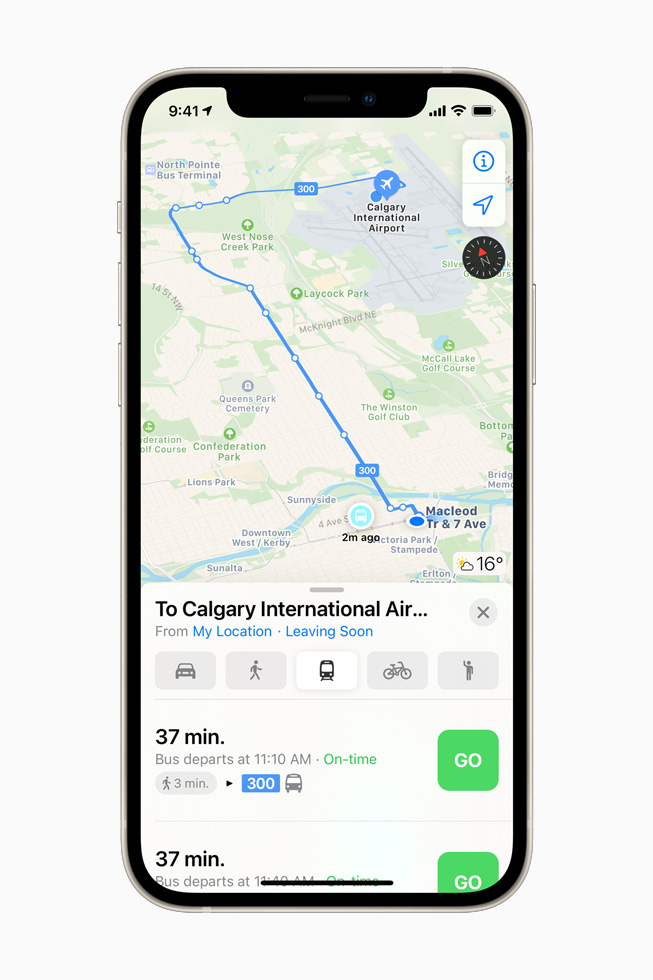 Real-time transit bus route to Calgary International Airport in Apple Maps on iPhone 12.
