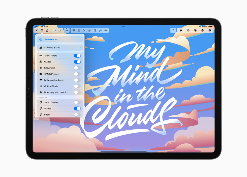 Ein Einstellungsmenü über einer Wolkenillustration in der Vectornator-App.