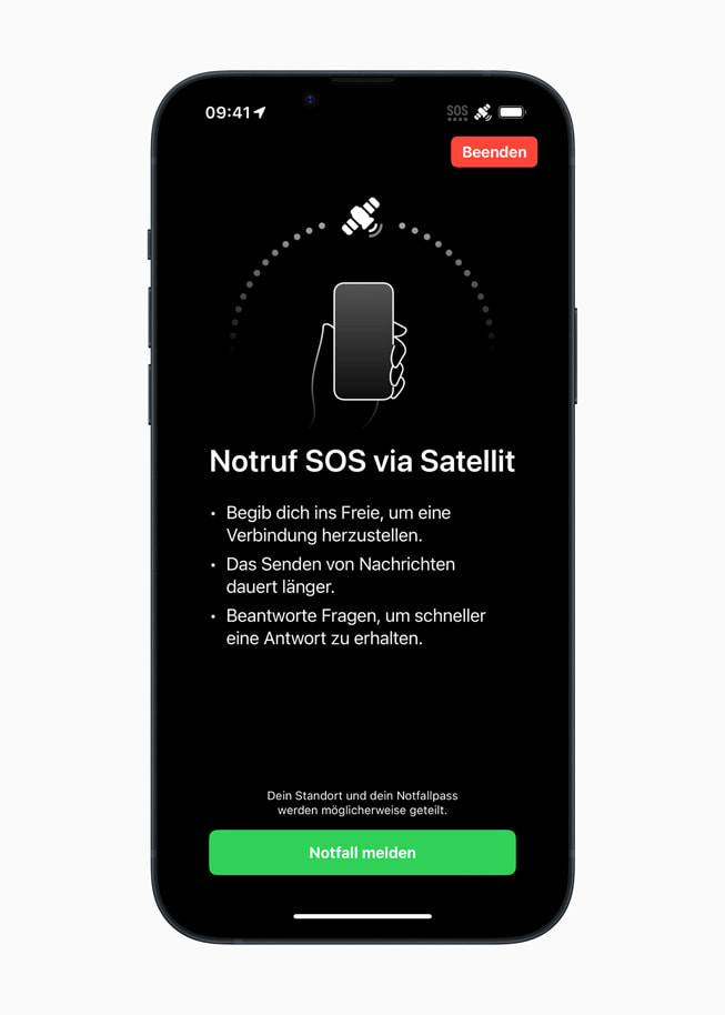 Die Benutzeroberfläche zeigt Anwender:innen, wohin man sein iPhone richten muss, um eine Verbindung zu einem Satelliten herzustellen.
