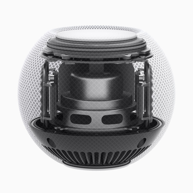 Den specialdudviklede hardware inde i HomePod mini vist mod en hvid baggrund.