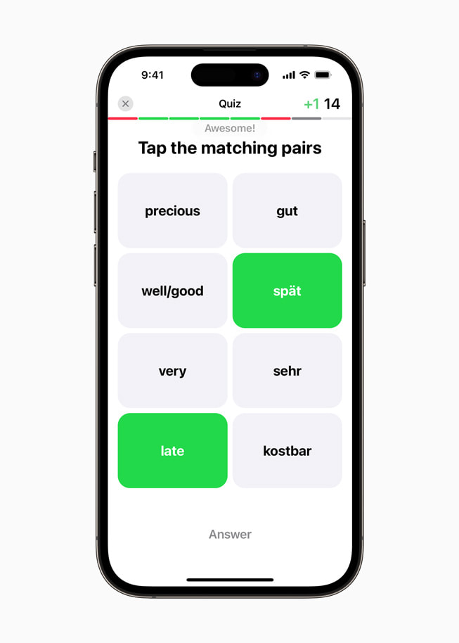 A German quiz in the LENGO app on iPhone 14 Pro prompts the user to tap the matching pairs of words.