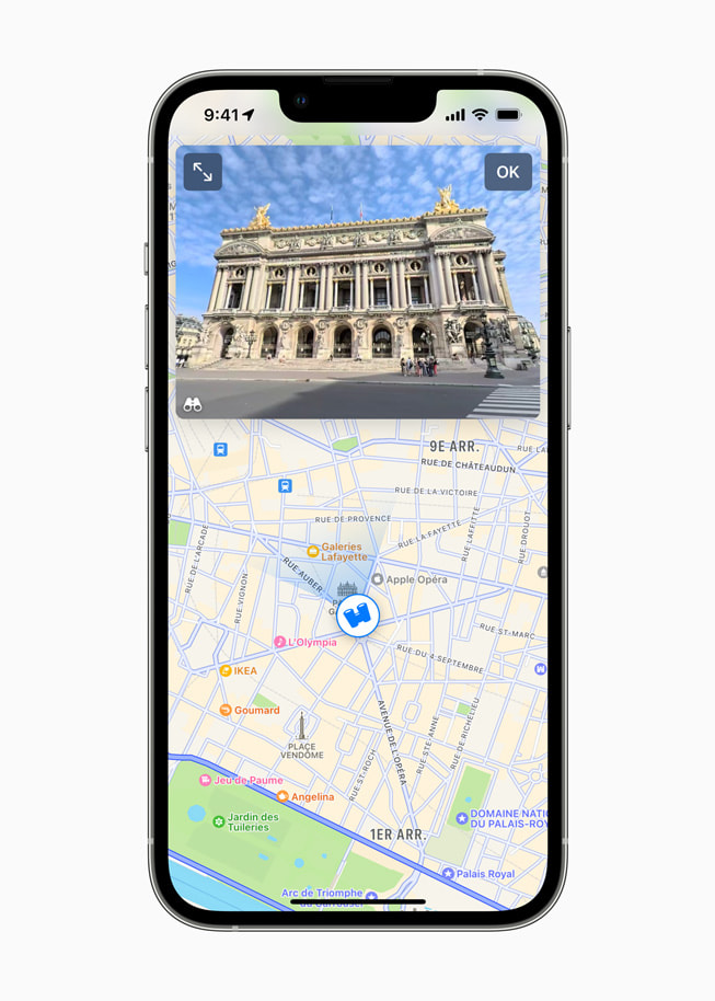 La fonctionnalité Vue à 360° de Plans sur le boulevard des Capucines et la place de l’Opéra sur l’écran de l’iPhone 13 Pro.