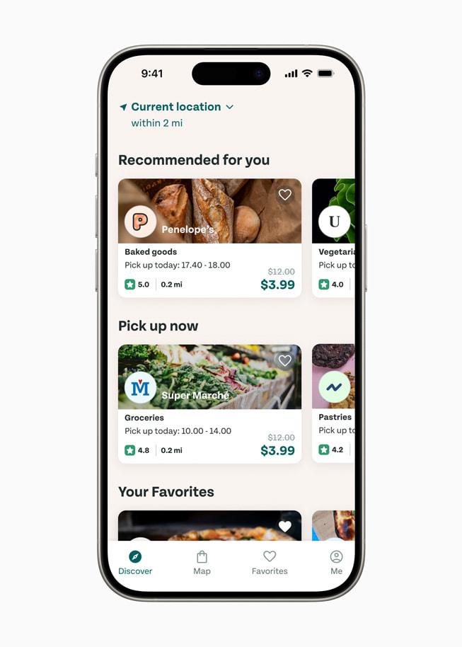 The Discover tab in the Too Good To Go app displayed on iPhone 15 Pro.