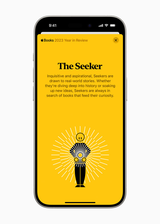 The Seeker reader type is shown in Apple Books on iPhone 15 Pro.