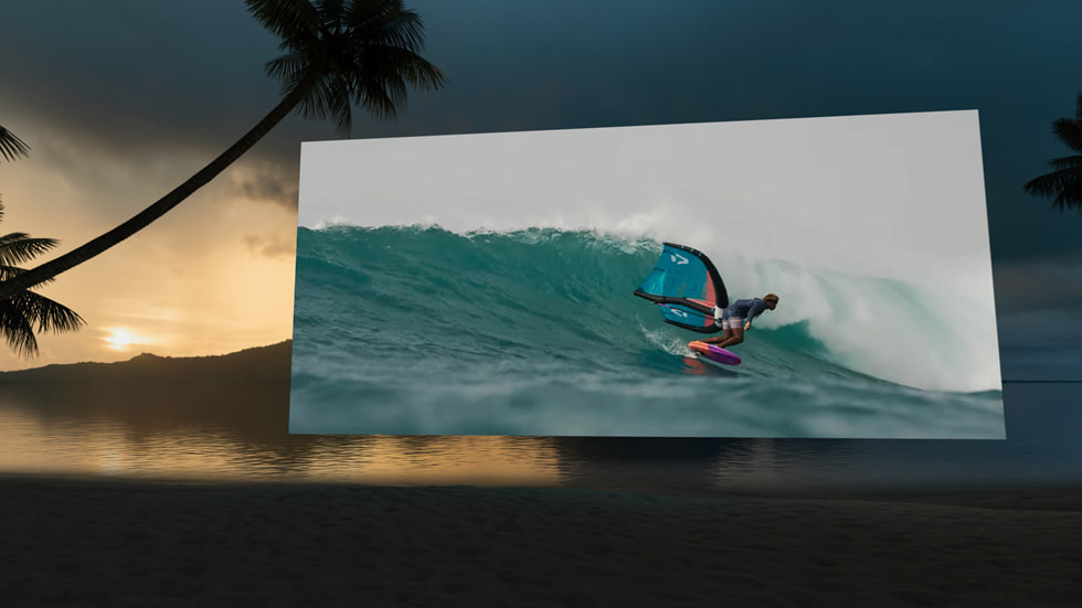 visionOS 2’de bir Environment’a tamamen yoğunlaşılmış durumdayken Safari’deki bir video gösteriliyor.