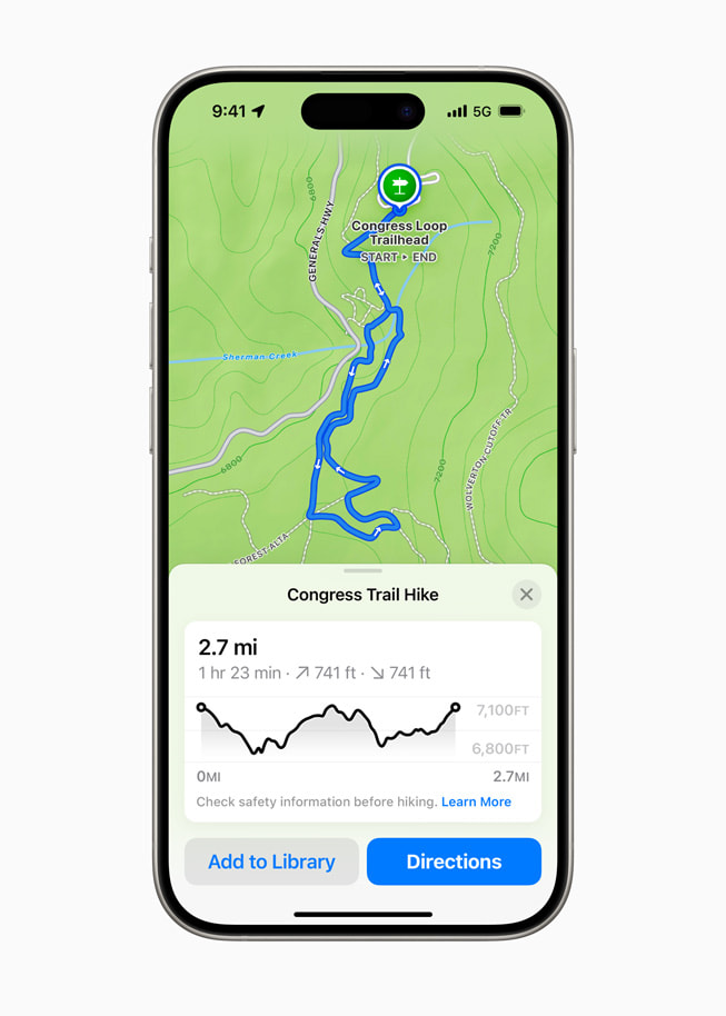 A custom hiking route in Apple Maps displayed on iPhone 15 Pro. 