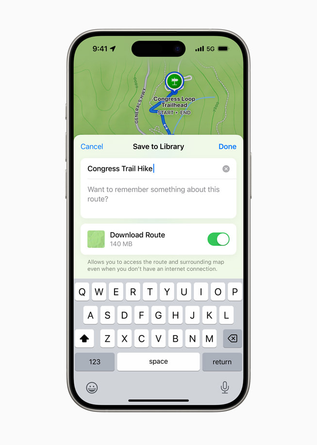 A saved route for a U.S. national park hiking trail displayed on iPhone 15 Pro. 