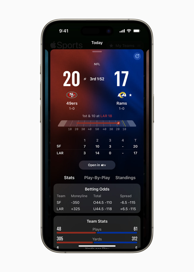 iPhone shows an Apple Sports screen, featuring a live game between the 49ers and LA Rams with the current score, betting odds, and team stats.