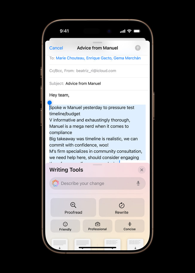 On iPhone 16 Pro, a user’s original email copy is shown being entered before the user asks Apple Intelligence-powered writing tools to make the copy more professional.