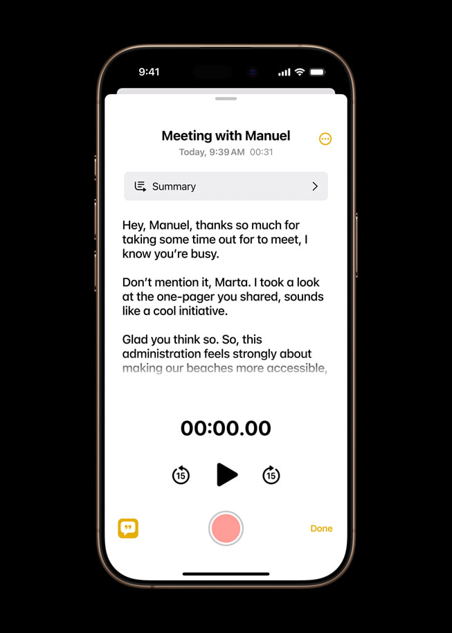 The new Apple Intelligence-powered capability to transcribe audio in Notes is shown on iPhone 16 Pro.