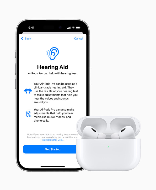 İşitme Cihazı ekranı açık olan iPhone 16 Pro ile AirPods Pro 2 yan yana gösteriliyor.