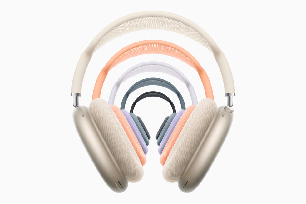 AirPods Max’in Yıldız Işığı, Turuncu, Mor, Mavi ve Gece Yarısı renk seçenekleri gösteriliyor.