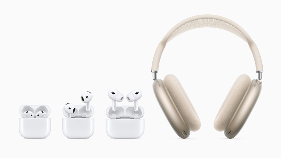 AirPods 4, Aktif Gürültü Engelleme özellikli AirPods 4, AirPods Pro 2 ve Yıldız Işığı AirPods Max gösteriliyor.