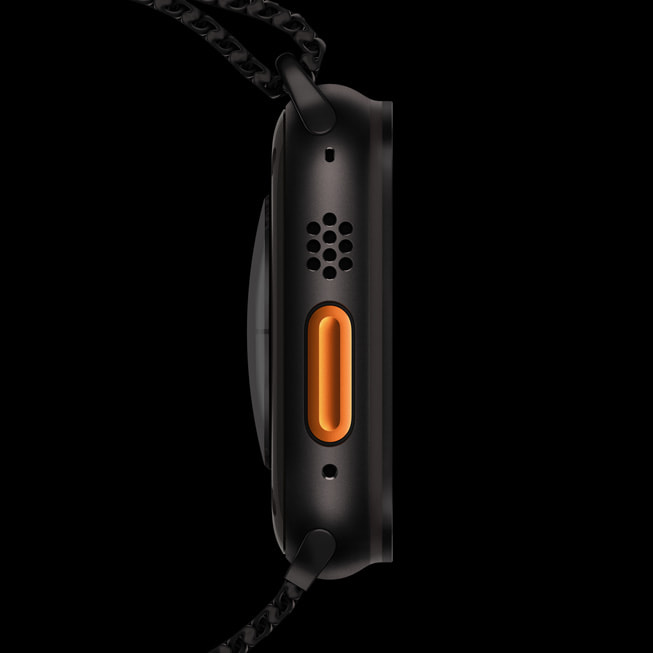 Apple Watch Ultra 2’daki Eylem düğmesinin yakın çekim görünümü.